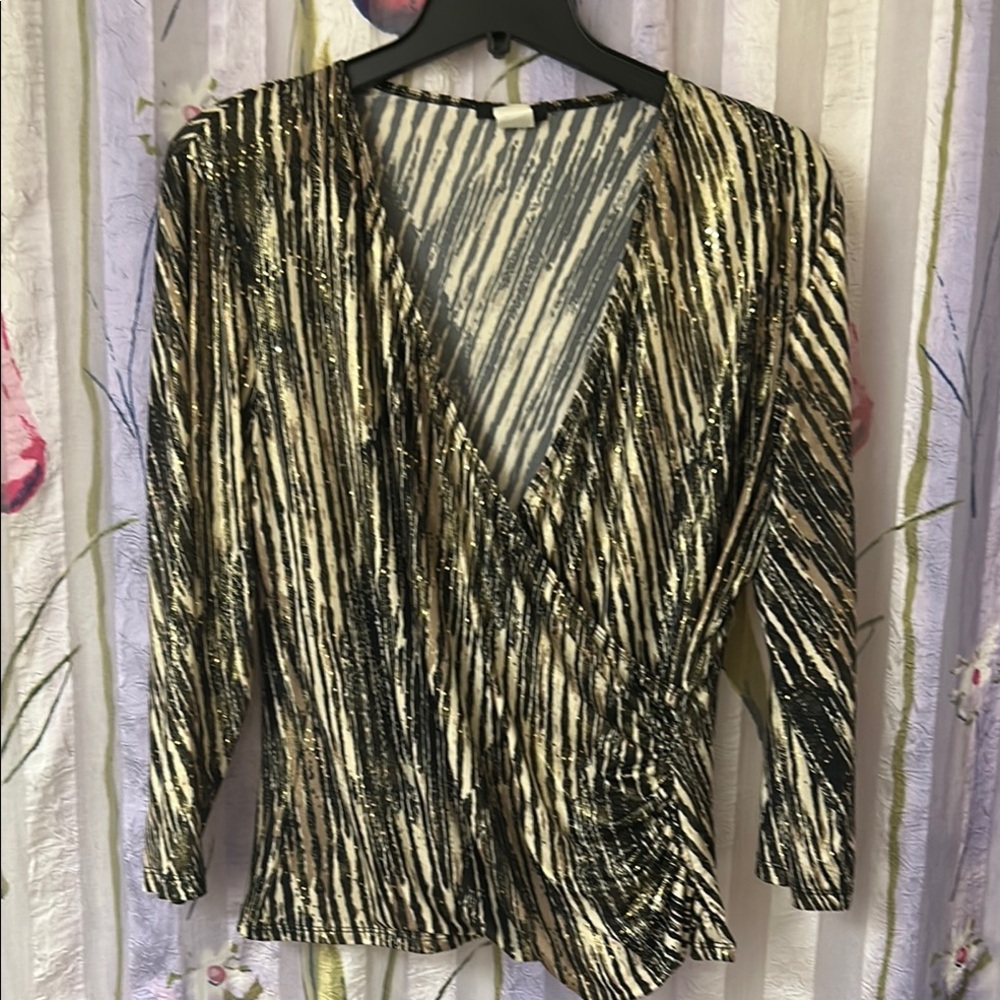 J.B.S. Gold and Black Wrap Blouse with 3/4 Sleeves